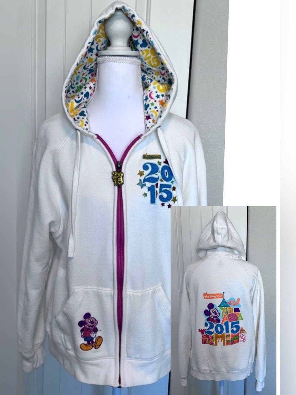 Disney Zip up Hoodie Colorful 2015 Embroidered Design Pockets Sz Medium